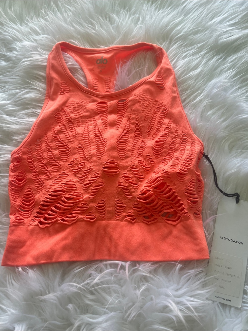 ALO Yoga Neon Coral Laser-Cut High Neck Sports Bra